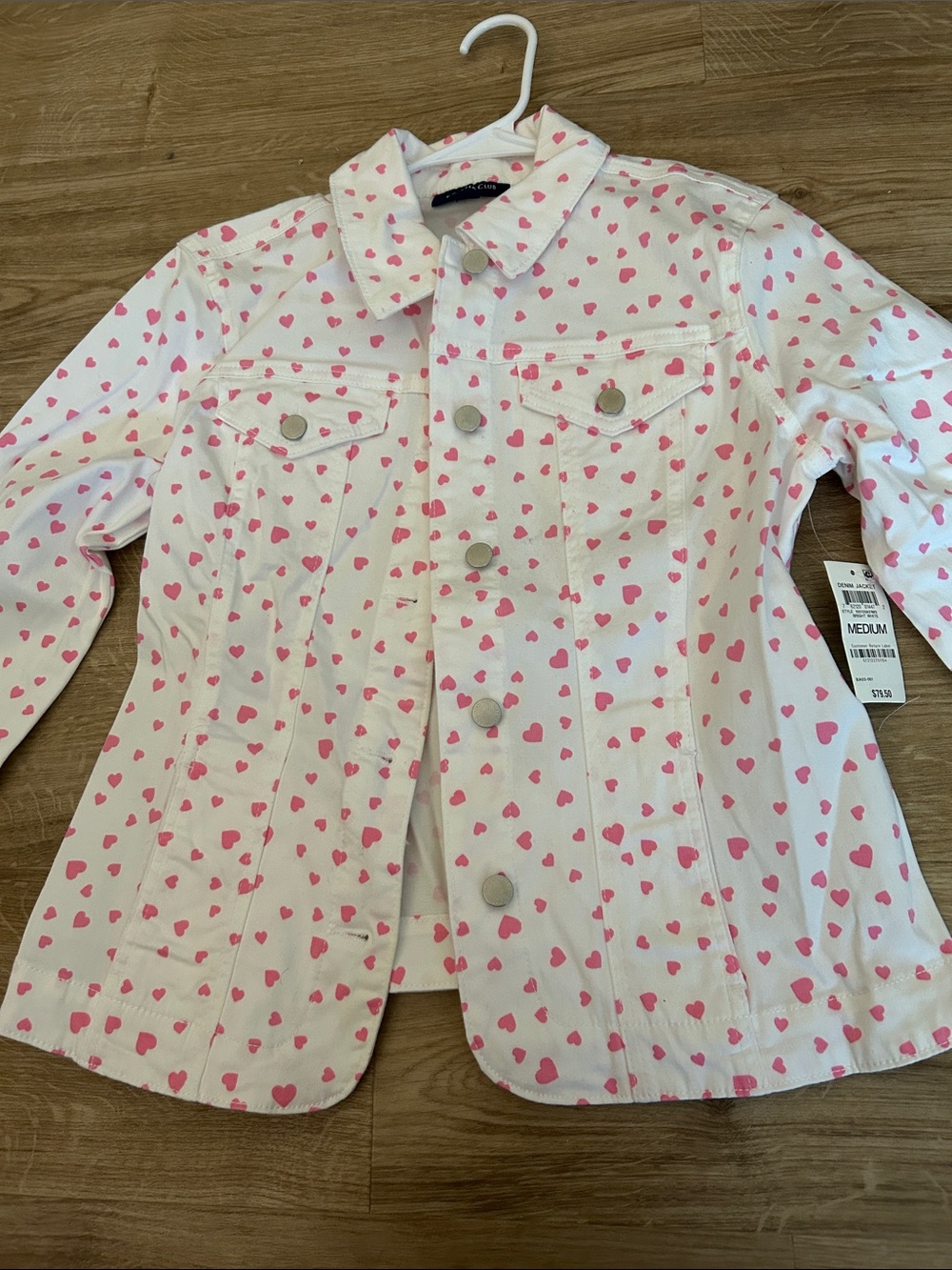 Charter Club White Jean Jacket with Pink Heart Print